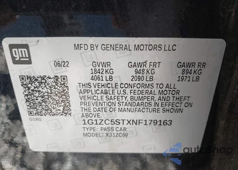 2022 Chevrolet Malibu Ls z USA, uszkodzony, nr VIN 1G1ZC5STXNF179163